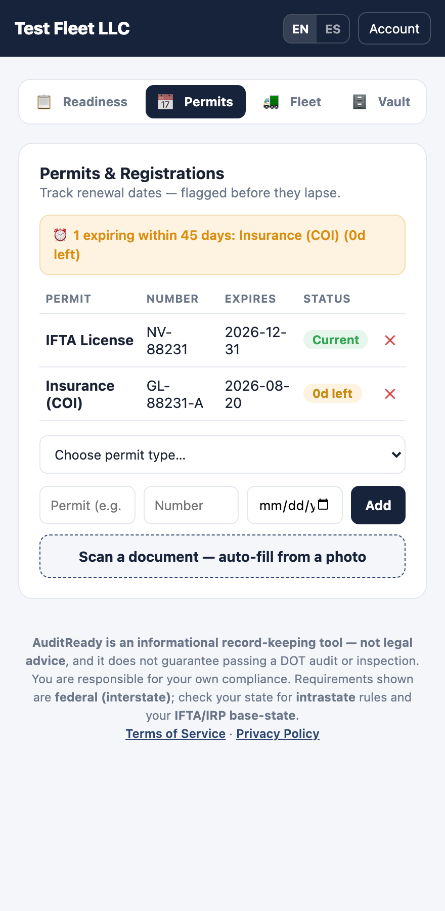 AuditReady permits and renewals tracker